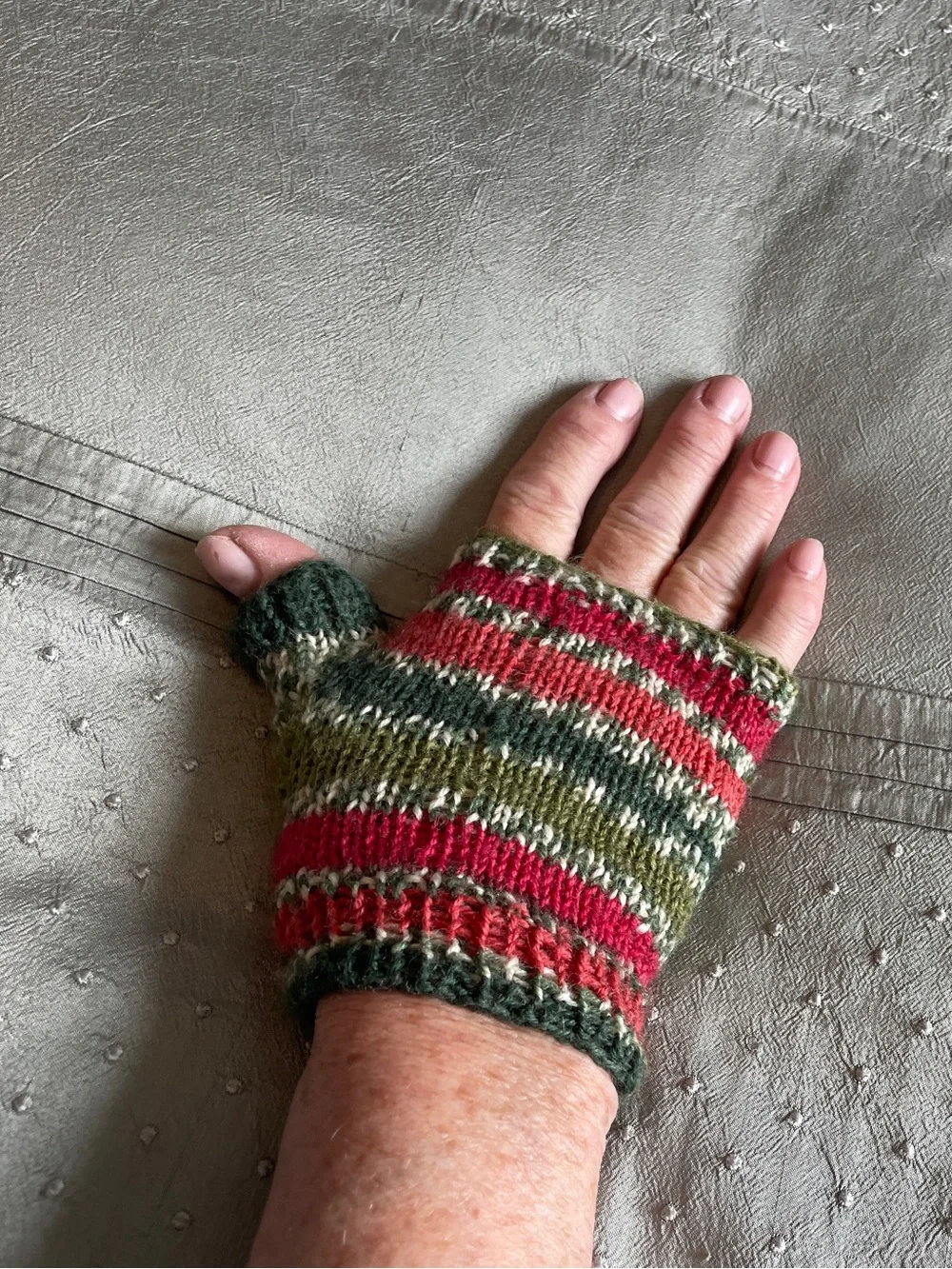 Peruvian Hand knit Wool Fingerless Gloves Green, Red & Cream Stripes